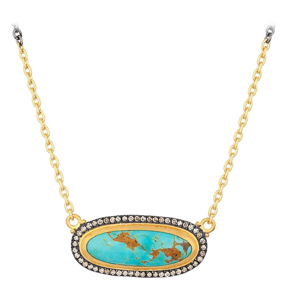 24 Karat and Oxidized Sterling Silver Kingman Turquoise, Cognac Diamond Necklace For Sale