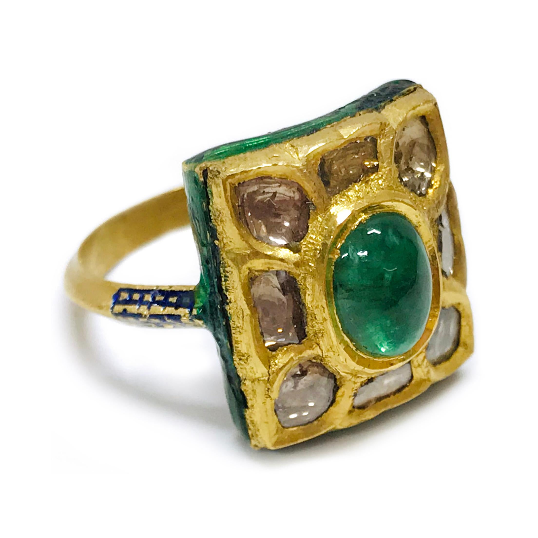 24 Karat Gelbgold Diamant-Smaragd-Emaille-Ring (Retro) im Angebot