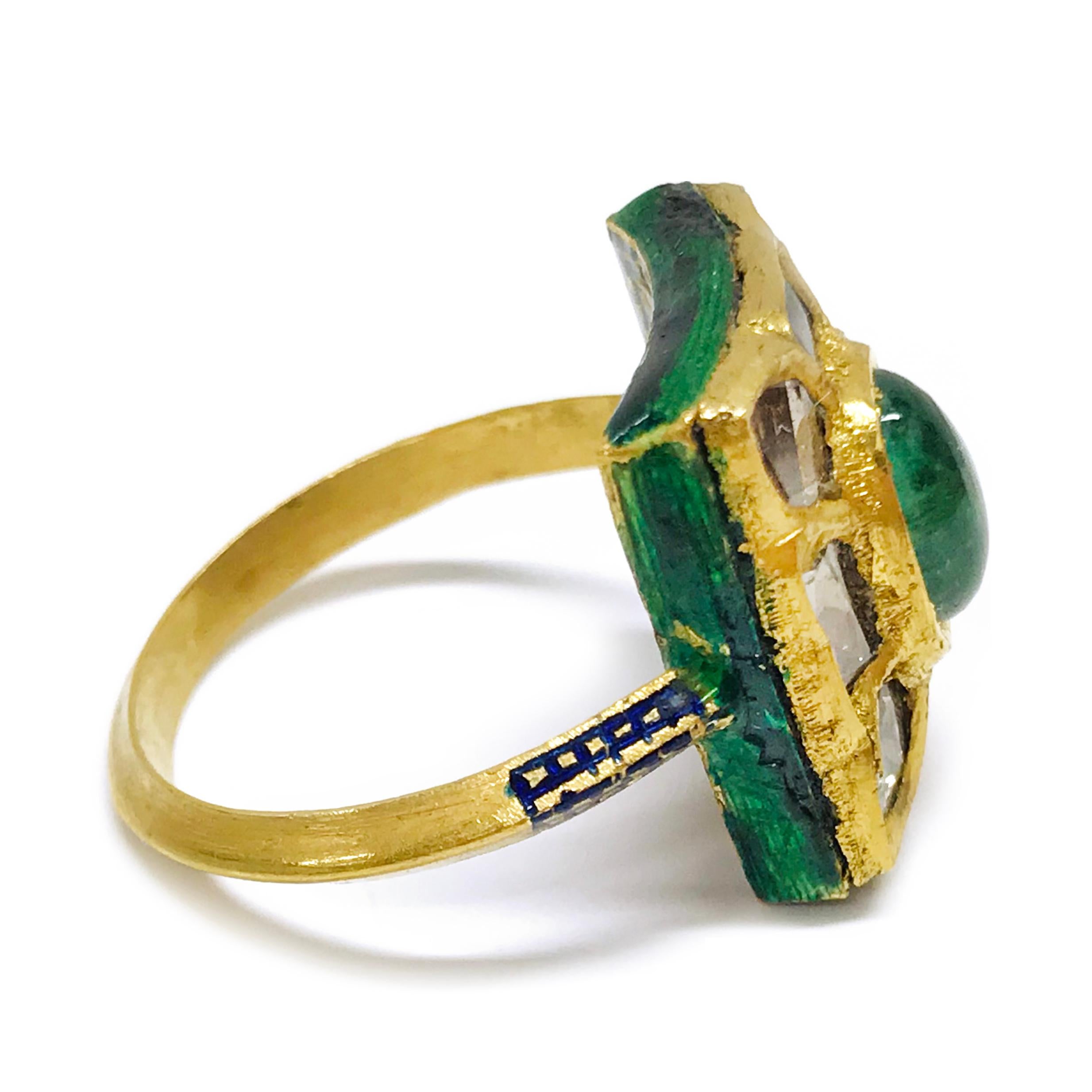 24 Karat Gelbgold Diamant-Smaragd-Emaille-Ring (Cabochon) im Angebot