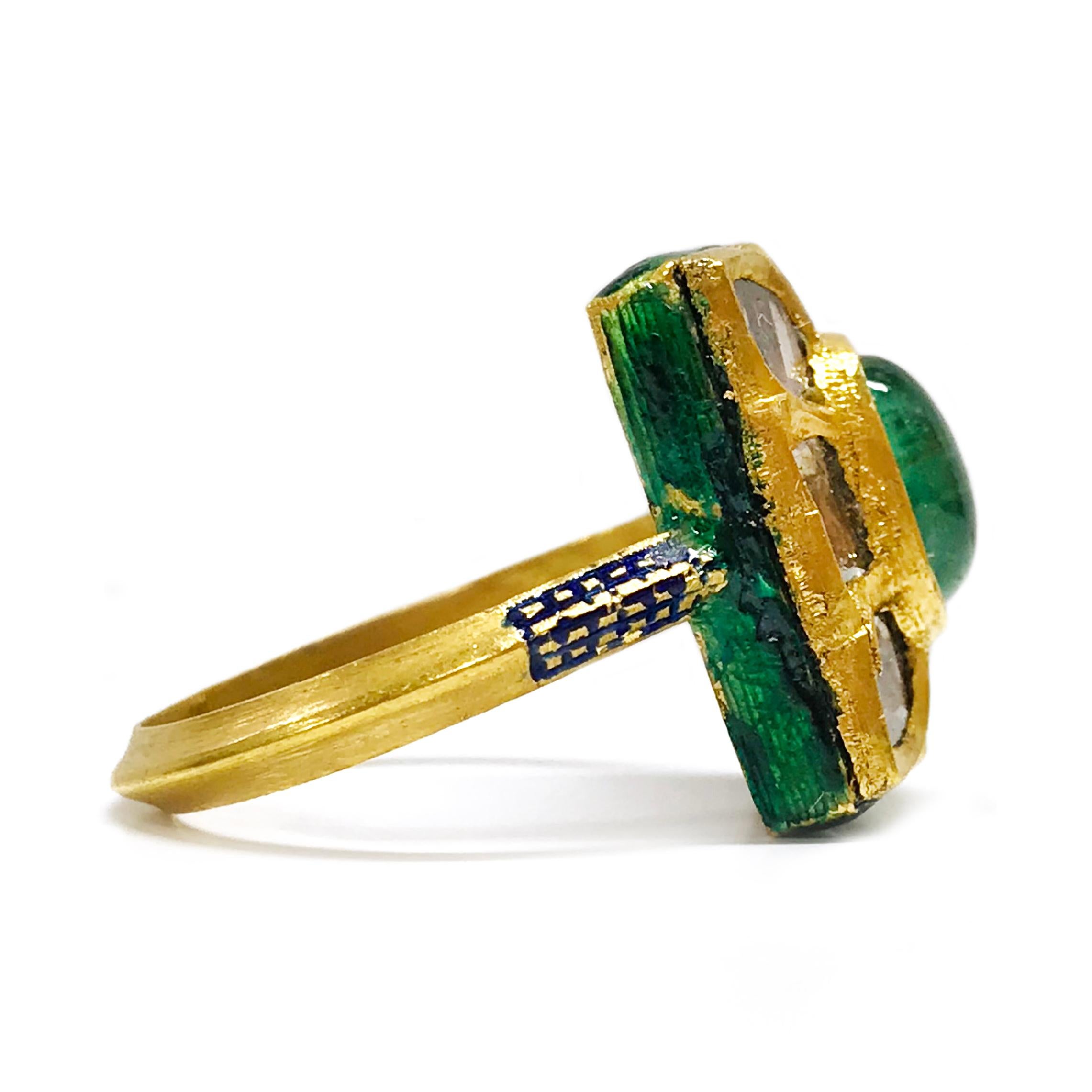 Retro 24 Karat Yellow Gold Diamond Emerald Enamel Ring For Sale