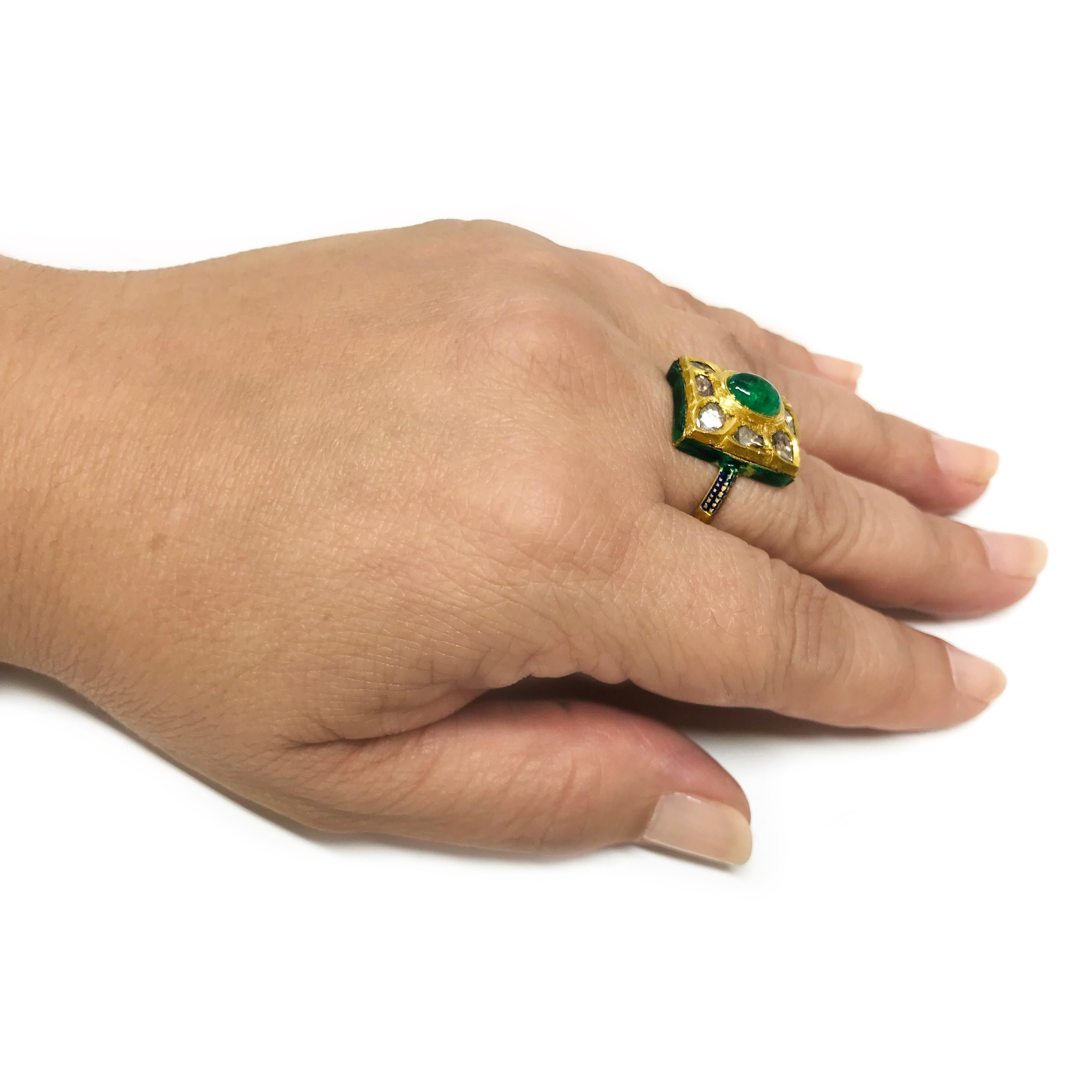 24 Karat Yellow Gold Diamond Emerald Enamel Ring In Good Condition For Sale In Palm Desert, CA