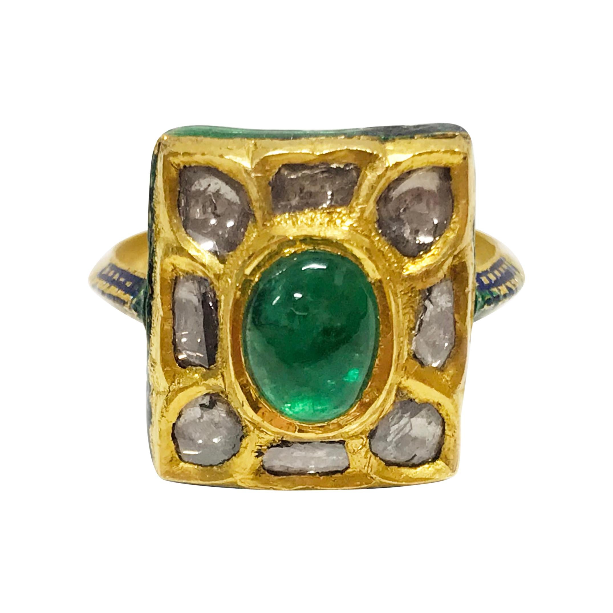 24 Karat Yellow Gold Diamond Emerald Enamel Ring