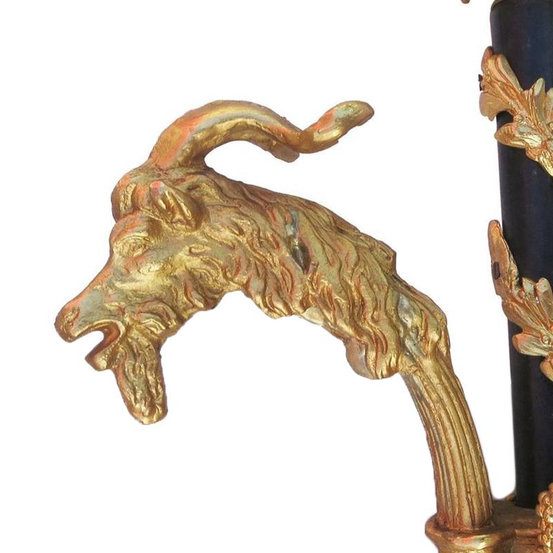 Bronze 24-Karat Empire Style Candle Wall Sconces Pair w/ Goat Heads