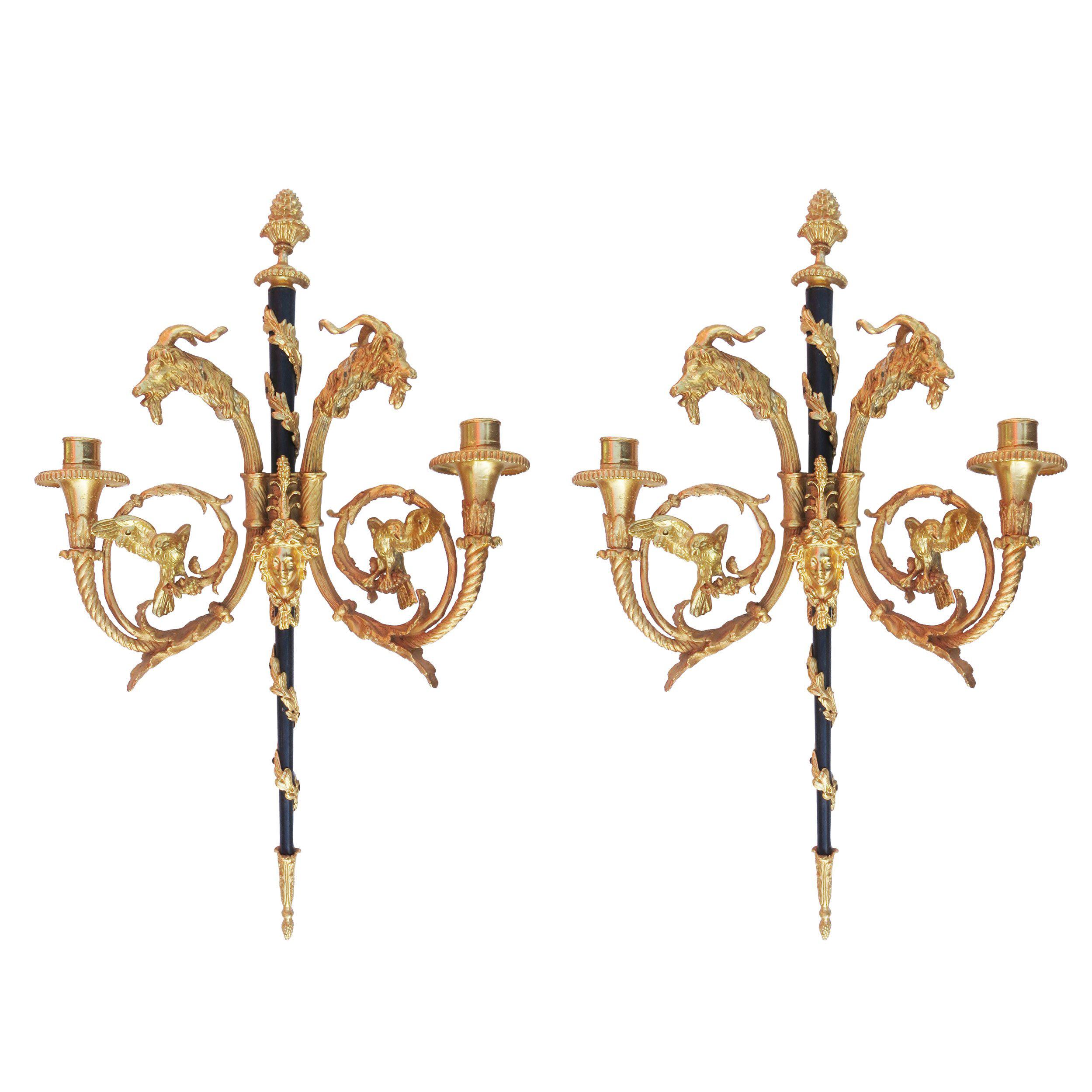 24-Karat Empire Style Candle Wall Sconces Pair w/ Goat Heads