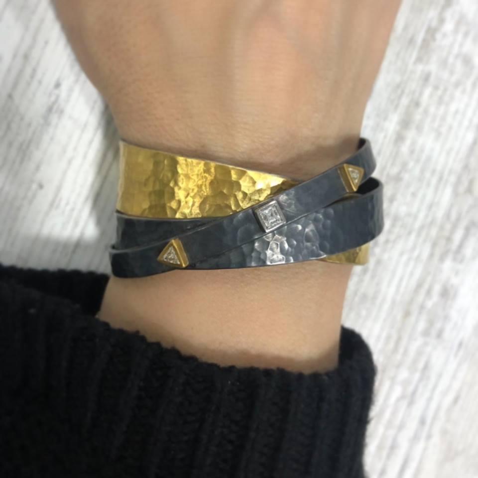 Modern 24 Karat Fusion Gold and Oxidized Sterling Sliver Cuff with Diamonds For Sale
