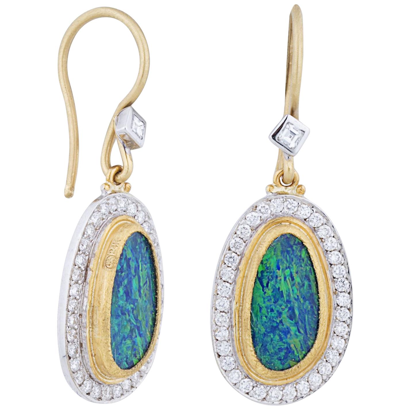 24 Karat Gold and 18 Karat White Gold Opal Diamond Ocean Drop Earrings For Sale