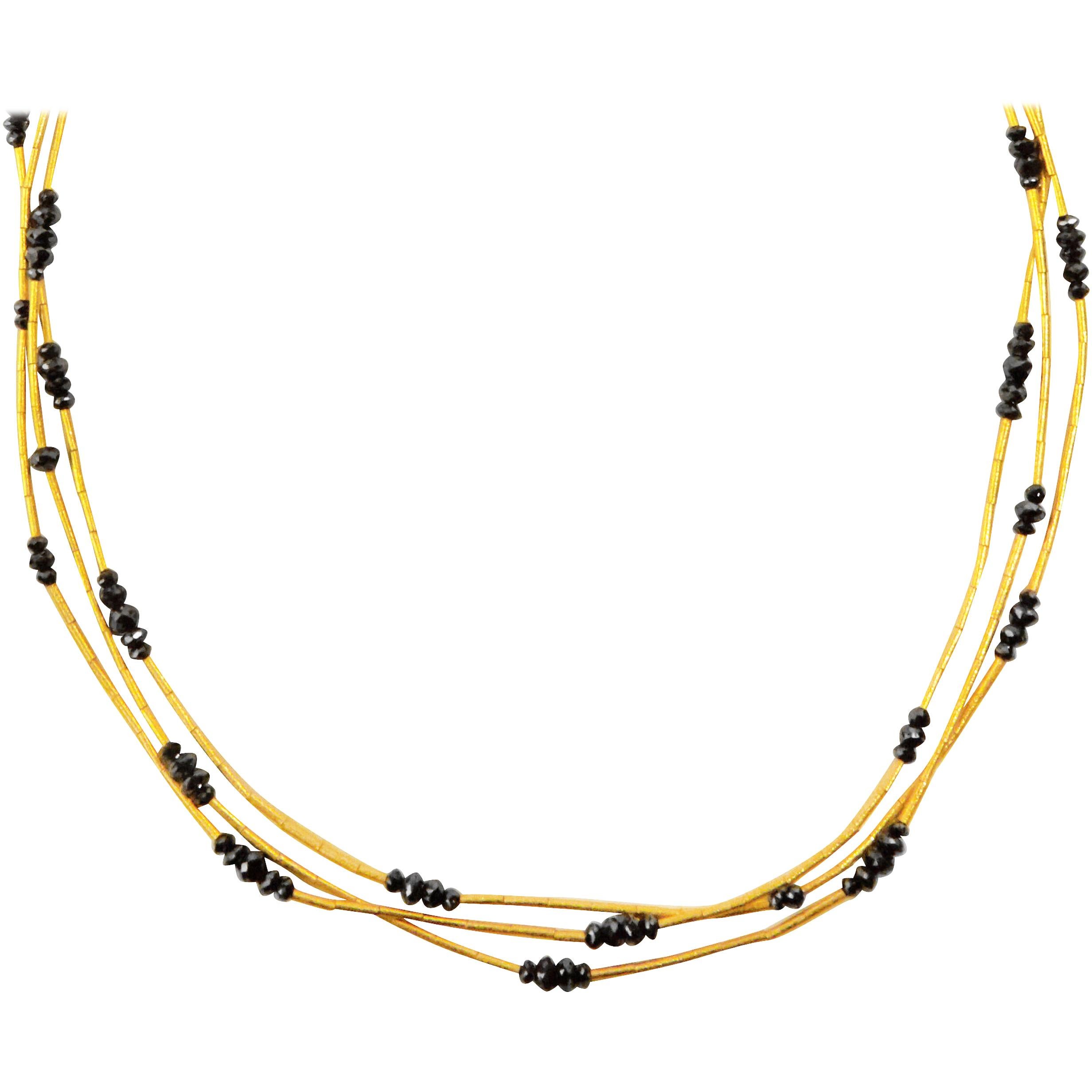 GURHAN 24 Karat Yellow Gold and Black Diamond Triple-Strand Necklace For Sale