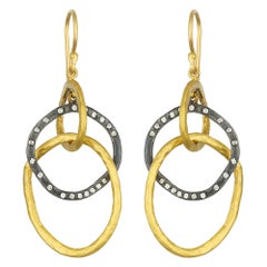24 Karat Gold and Oxidized Silver Drop Earrings With Diamonds