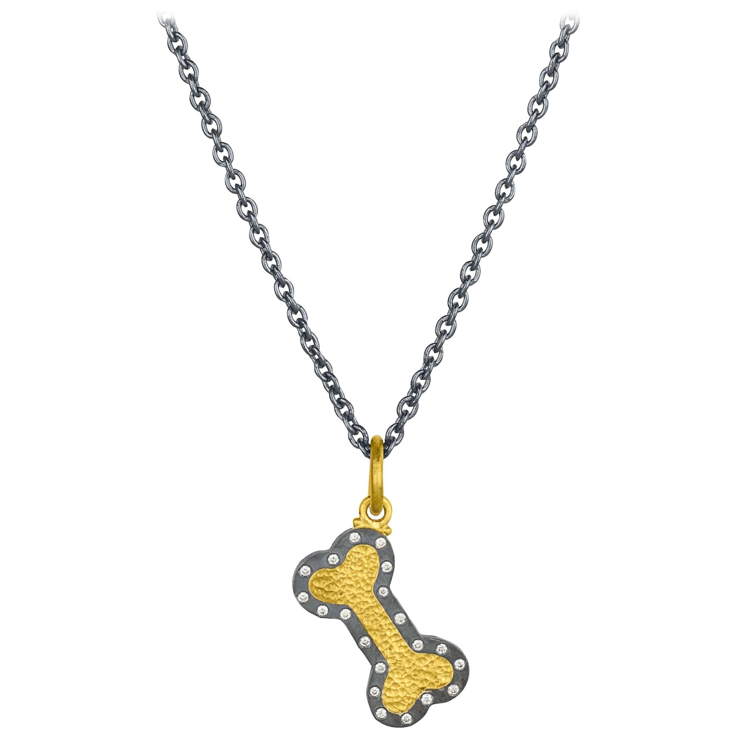 24 Karat Gold and Oxidized Sterling Silver Dog Bone Pendant With Diamonds For Sale