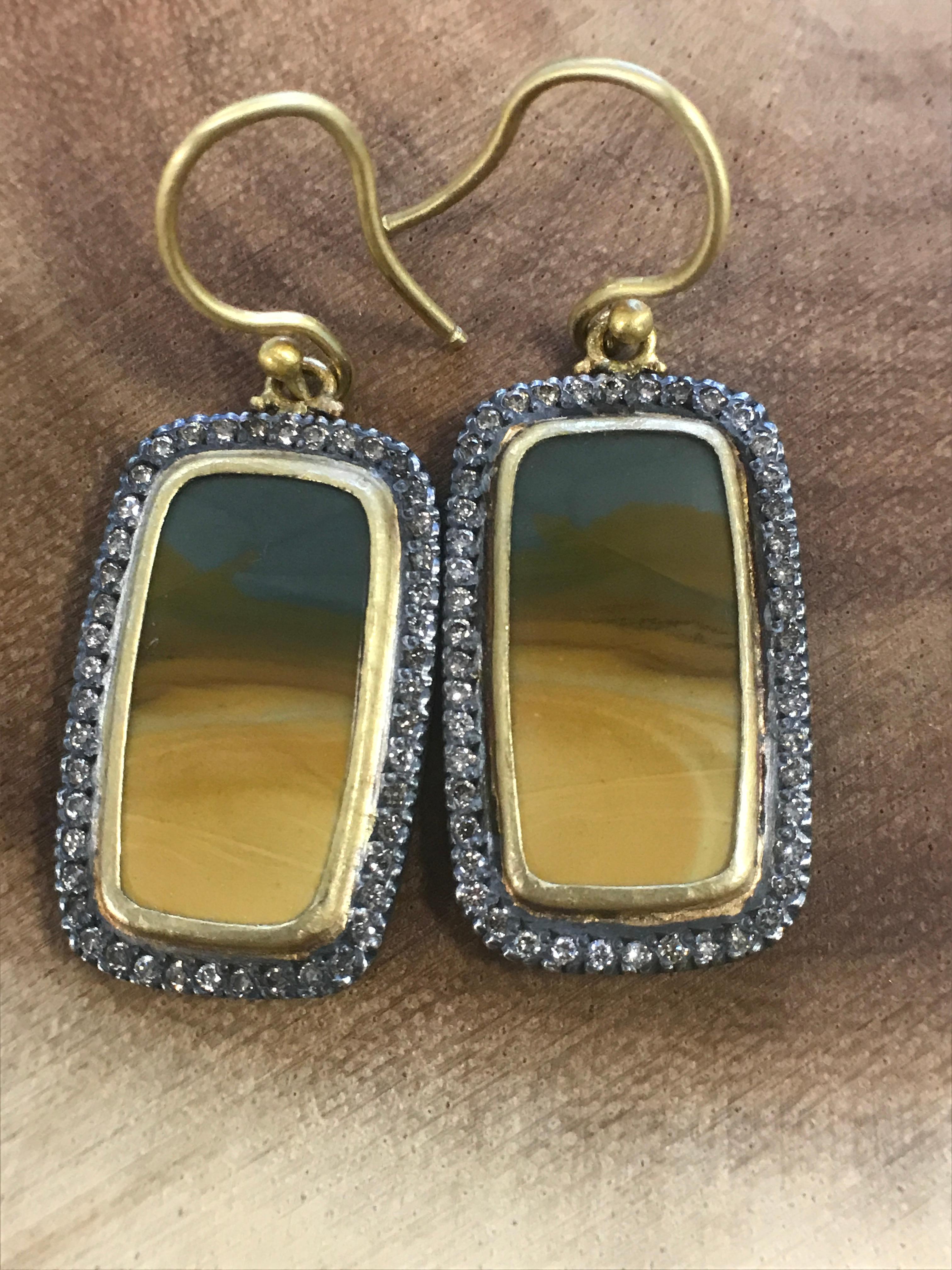 24 Karat Gold and Oxidized Sterling Silver Owyhee Jasper Drop Earrings In New Condition For Sale In Carlstadt, NJ
