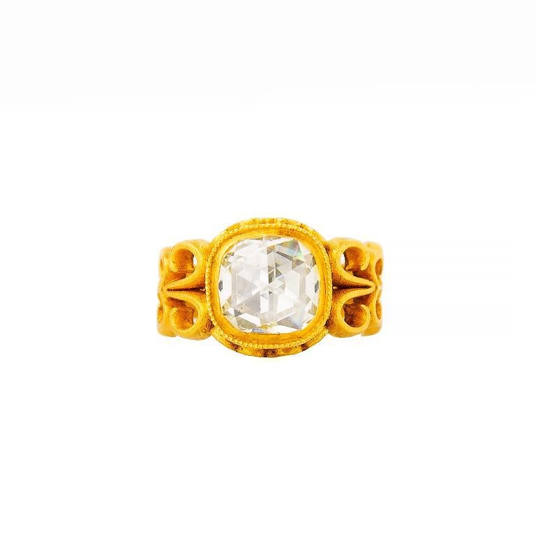 One of our signature gold work, entirely handcrafted by our experienced craftsmen. This elegant piece features a stunning cushion cut diamond and brilliant gold work in perfect harmony to create a unique and chic ring.
Size : 8 U.S. Standard
Weight