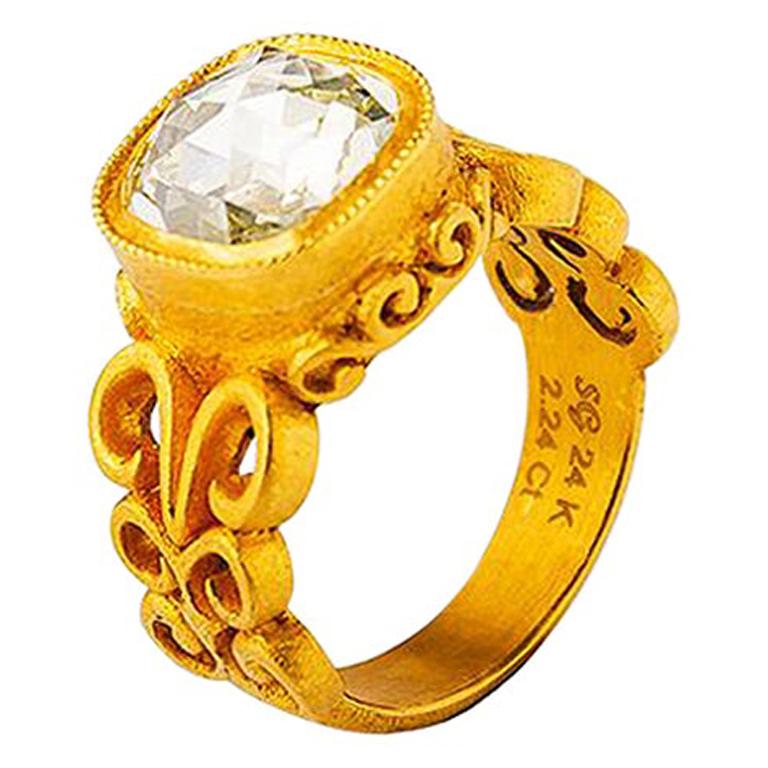 24 Karat Gold Byzantine Inspired Cushion Cut Diamond Solitaire Ring For Sale