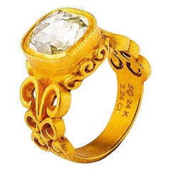 Antique 24 Karat Gold Byzantine Inspired Cushion Cut Diamond Solitaire Ring