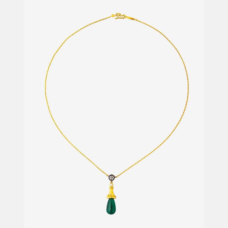24K Gold Handcrafted Cabochon Emerald briolette Necklace With An Old Mine Cut Diamond.