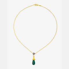 24 Karat Gold Cabochon Emerald briolette Necklace with an Old Mine Cut Diamond