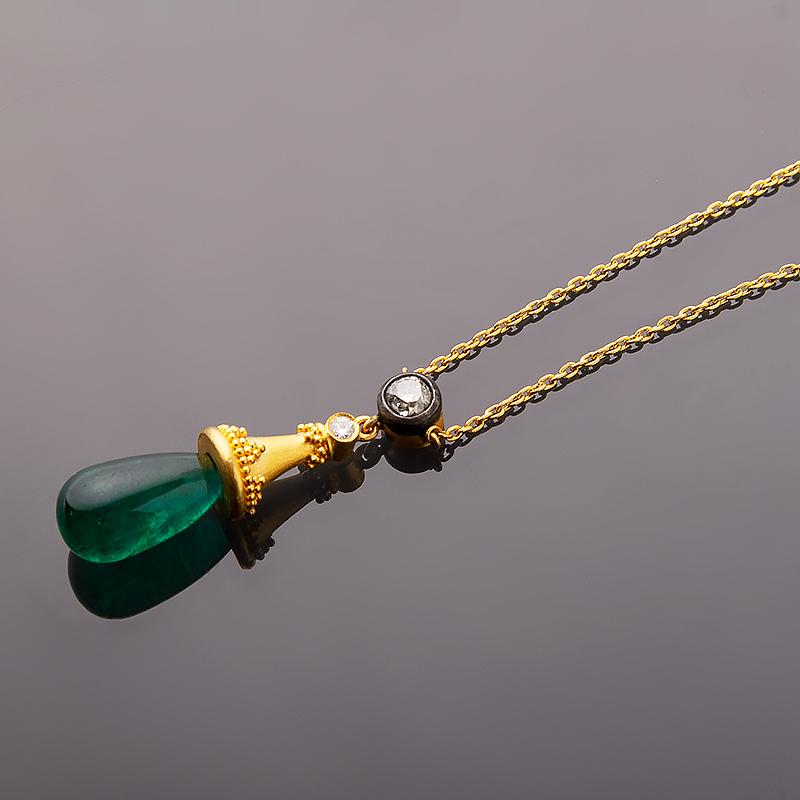 24 Karat Gold Cabochon Emerald briolette Necklace with an Old Mine Cut Diamond In New Condition For Sale In Istanbul, Fatih