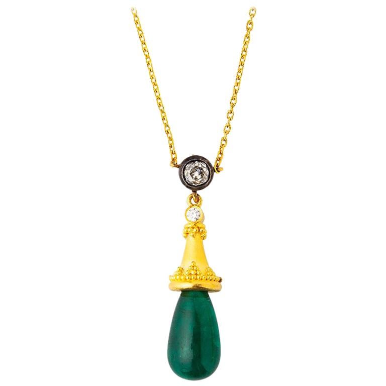 24 Karat Gold Cabochon Emerald briolette Necklace with an Old Mine Cut Diamond For Sale