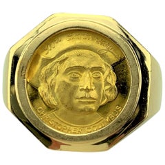 24 Karat Gold Christopher Columbus Medallion Coin in 14 Karat Gold Ring