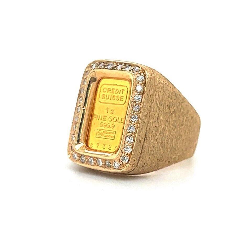 24k Gold 1g Credit Suisse Bar and 14k Yellow Gold Diamond Signet Ring Size 9

Condition:  Very Good Condition - A few very small dings to back of shank, not noticeable when worn
Metal:  24k and 14k Gold (Marked, and Professionally Tested)
Weight: 