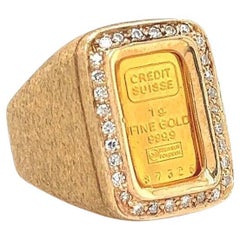 24 Karat Gold Credit Suisse Bar and 14 Karat Yellow Gold Diamond Signet Ring