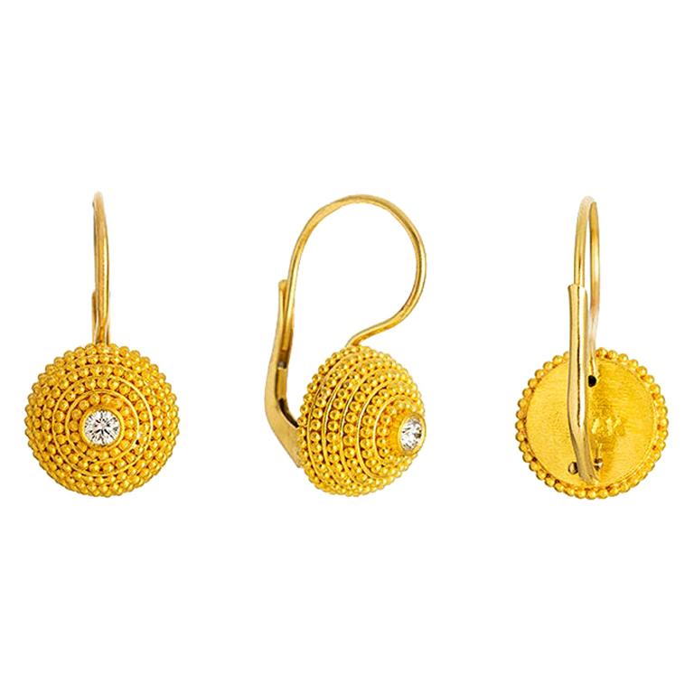 24 Karat Gold Handcrafted Granulated Drop Earrings with Brilliant Cut Diamonds For Sale
