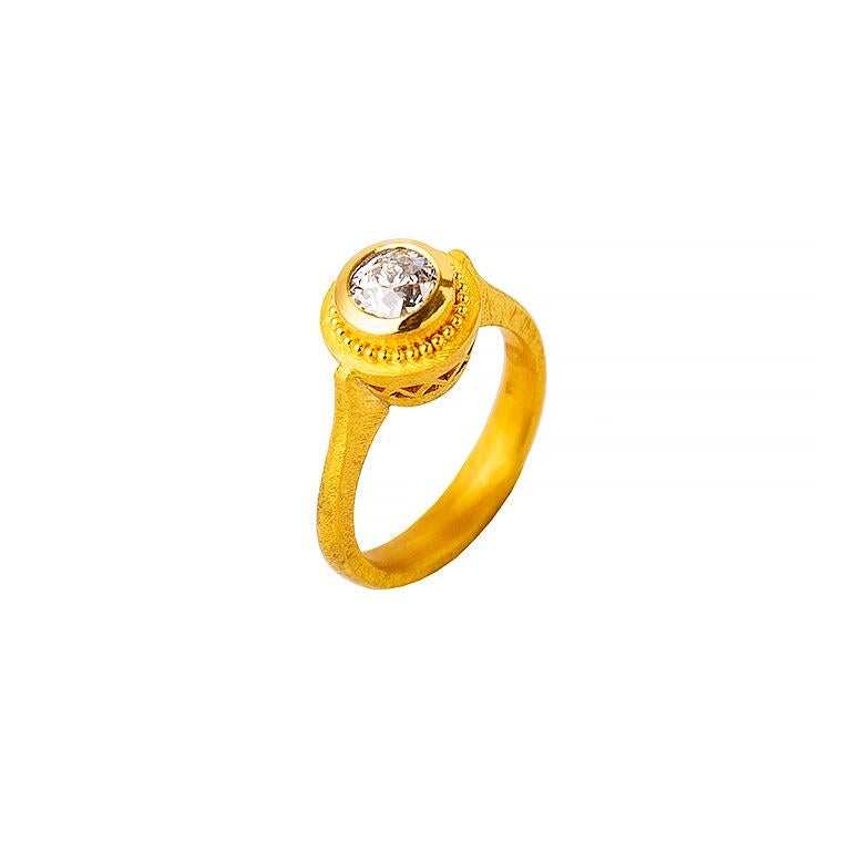 24 Karat Gold Handcrafted Old European Mine Cut Diamond Solitaire Ring For Sale
