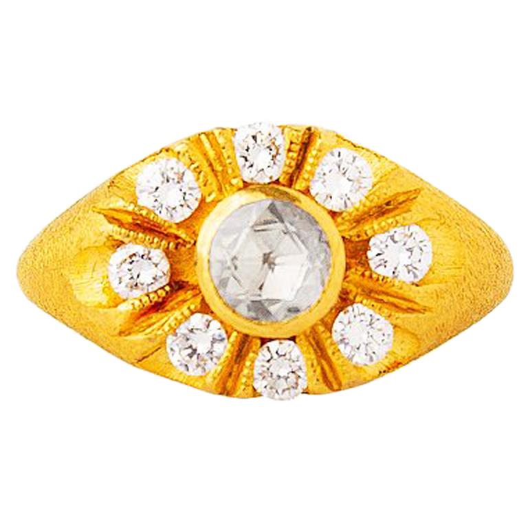 24 Karat Gold Handcrafted Ottoman Inspired Rose Form Diamond Solitaire Ring For Sale