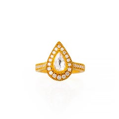 24 Karat Gold Handcrafted Tear Drop Form Rose Cut Diamond Solitaire Ring