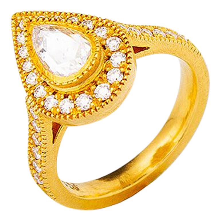 24 Karat Gold Handcrafted Tear Drop Form Rose Cut Diamond Solitaire Ring For Sale