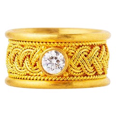24 Karat Gold Handcrafted Wide Weave Mesh Band Diamond Solitaire Ring