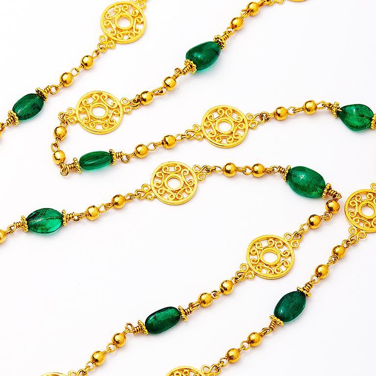 24 Karat Gold Link Necklace Adorned with Emerald Beads For