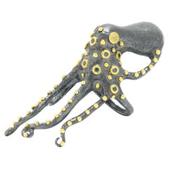 24 Karat Gold Octopus Ring Diamond Tentacles 2-Tone Art Nouveau Style Sea Life