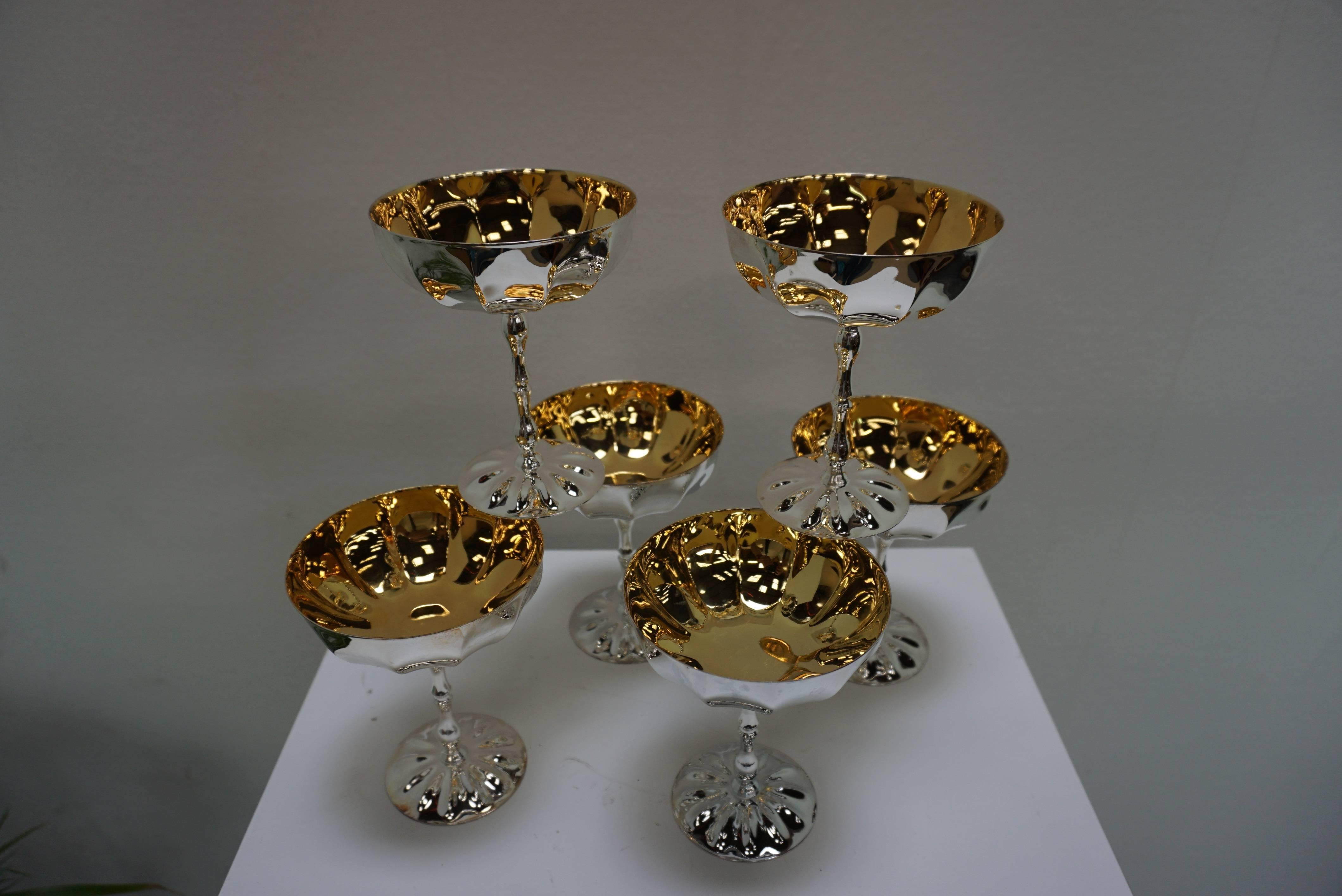 Art Deco 24-Karat Gold-Plated and Silver Plated Set of 6 Champagne Goblets Cups For Sale