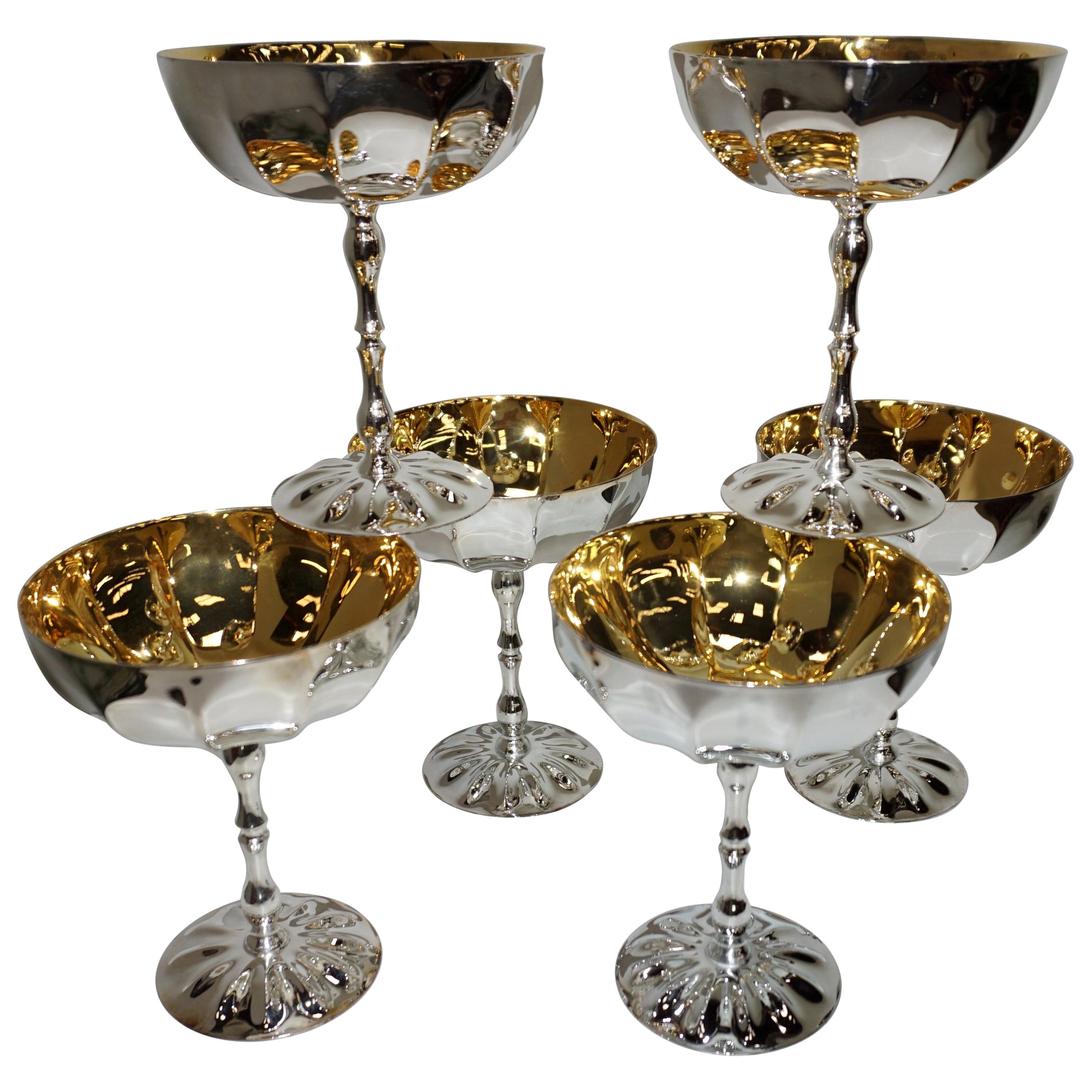 24-Karat Gold-Plated and Silver Plated Set of 6 Champagne Goblets Cups For Sale