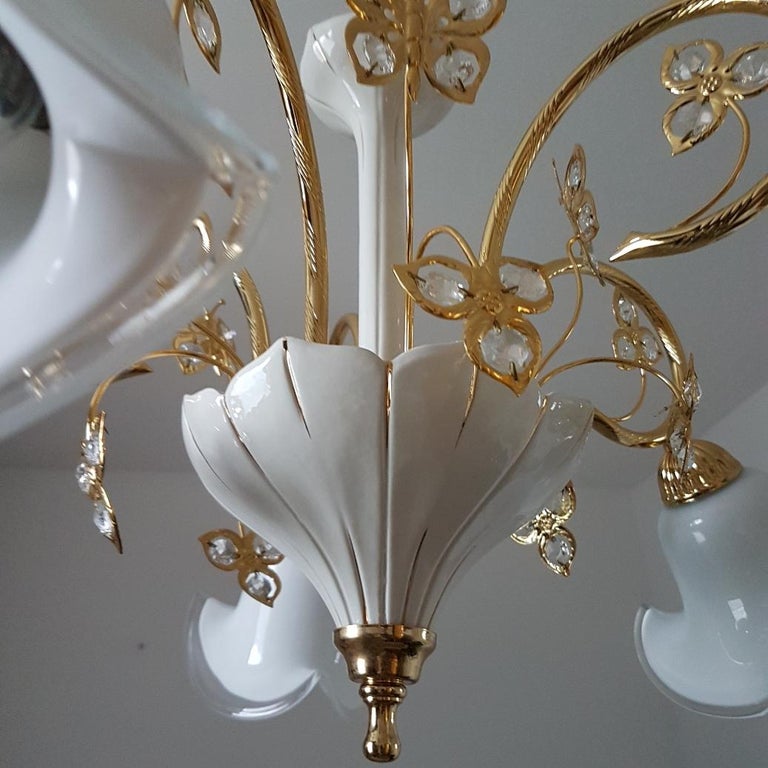 24 Karat Gold Plated Brass Murano Swarovski Chandelier By B C San 24 Karat Gold Plated Brass Murano Swarovski Chandelier By B C San Michele For 4