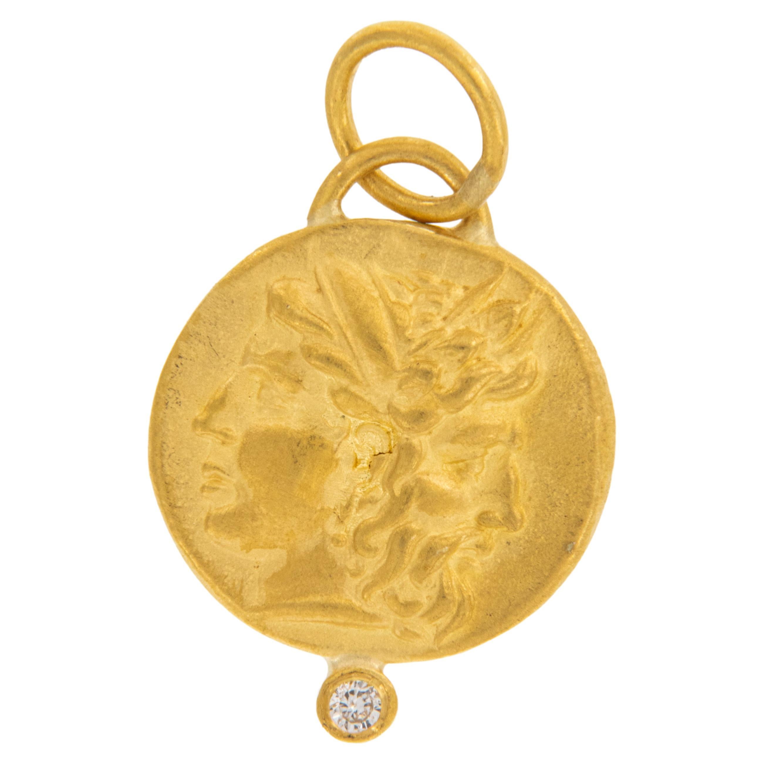 24 Karat Gold  Reproduction Janus Double Headed Coin Pendant Charm with Diamond