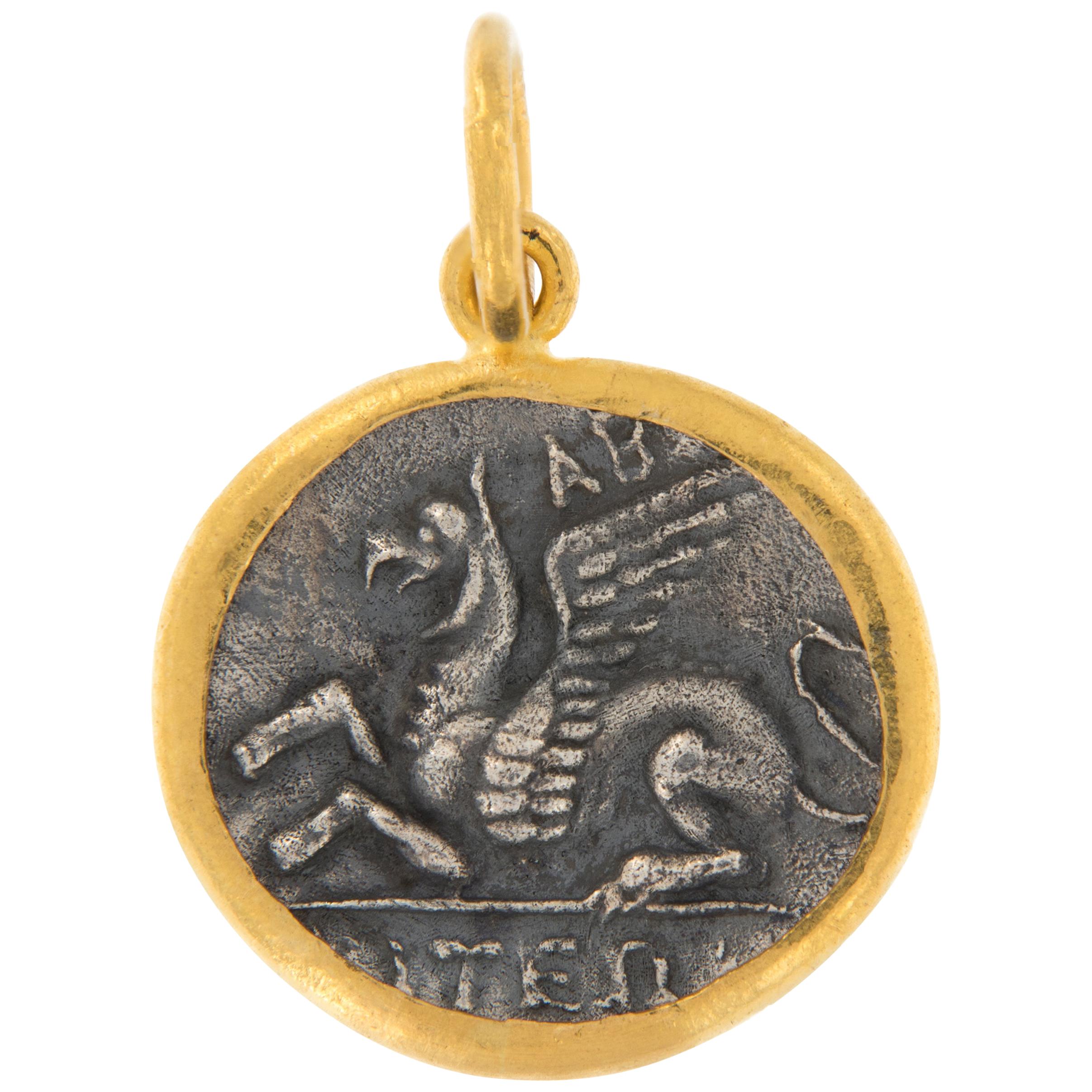 24 Karat Gold Sterling Silver Reproduction Ancient Pegasus Coin Pendant