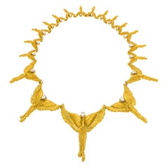 24 Karat Gold Zuckerman Birds Necklace with 5.19 Carat Pear Shape White Diamond