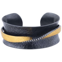 24 Karat Hammered Fusion Gold, Oxidized Sterling Silver and Diamond Open Cuff