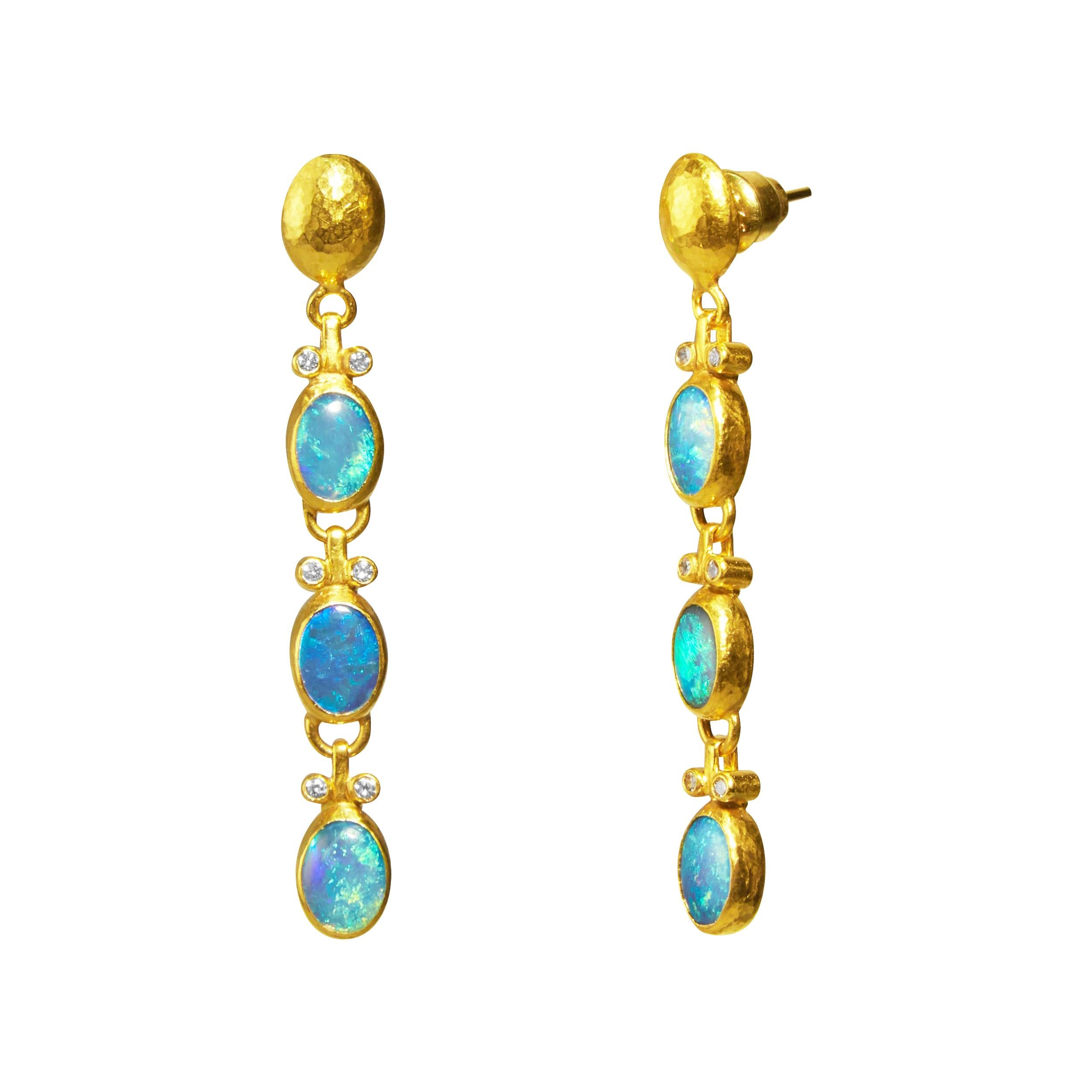 GURHAN 24 Karat Hammered Yellow Gold Opal and Diamond Triple Drop Earrings