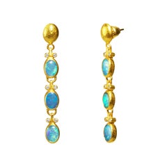 GURHAN 24 Karat Hammered Yellow Gold Opal and Diamond Triple Drop Earrings