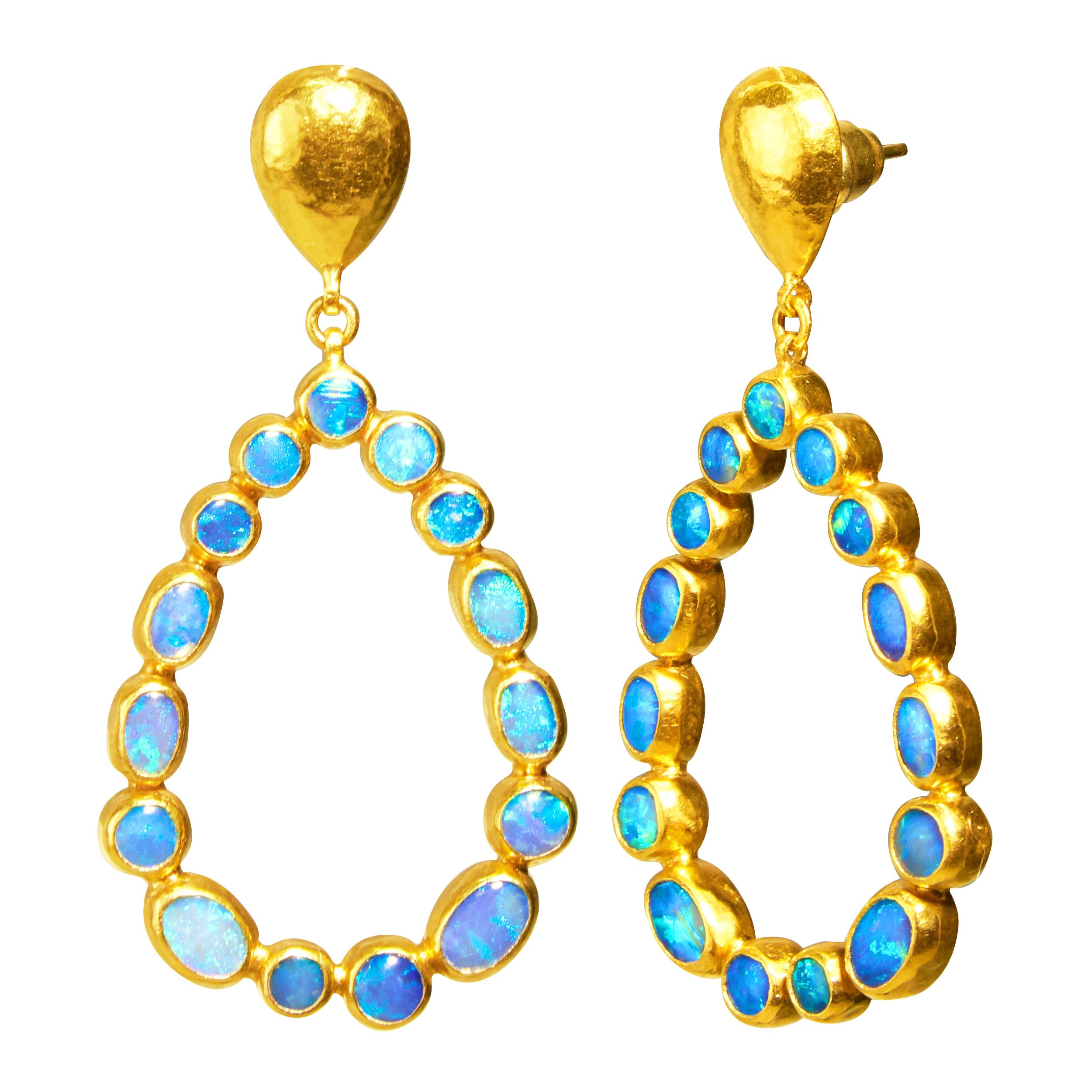 GURHAN 24 Karat Hammered Yellow Gold and Australian Opal Teardrop Earrings For Sale