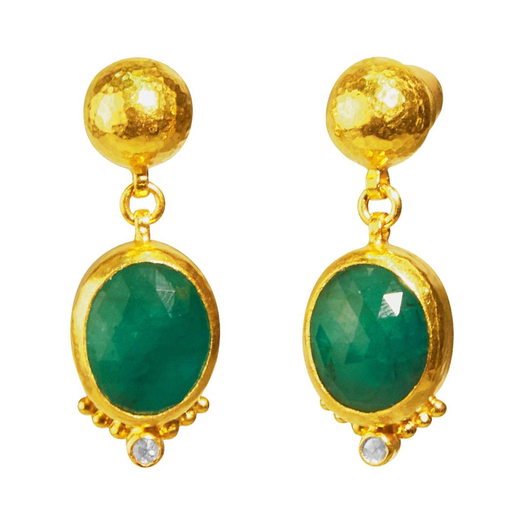 GURHAN 24 Karat Hammered Yellow Gold and Diamond Oval Emerald Drop Earrings For Sale