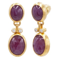 GURHAN 24 Karat Hammered Yellow Gold and Diamond Ruby Double Drop Earrings