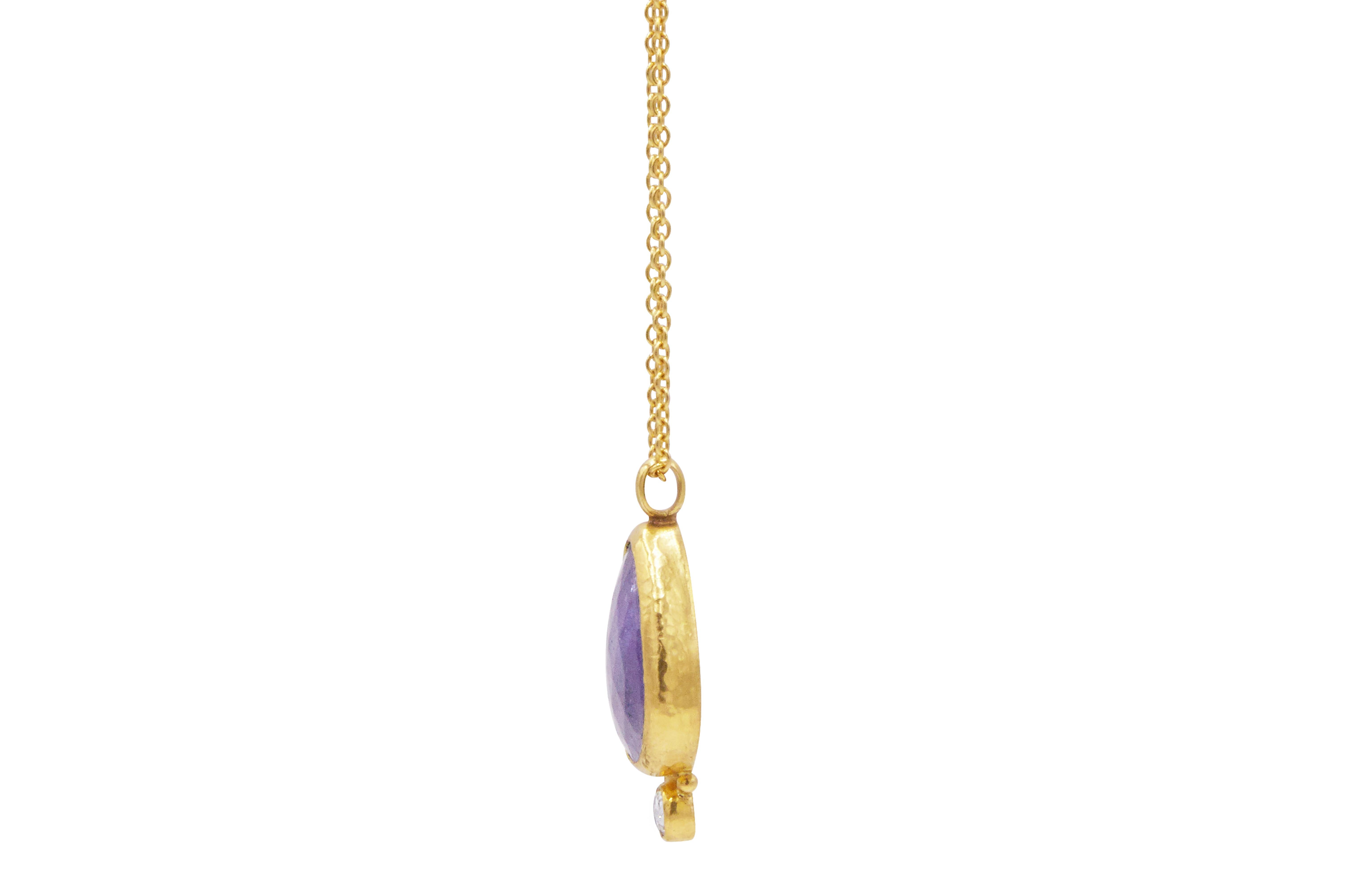 Contemporary GURHAN 24 Karat Hammered Yellow Gold and Tanzanite Diamond Pendant Necklace For Sale
