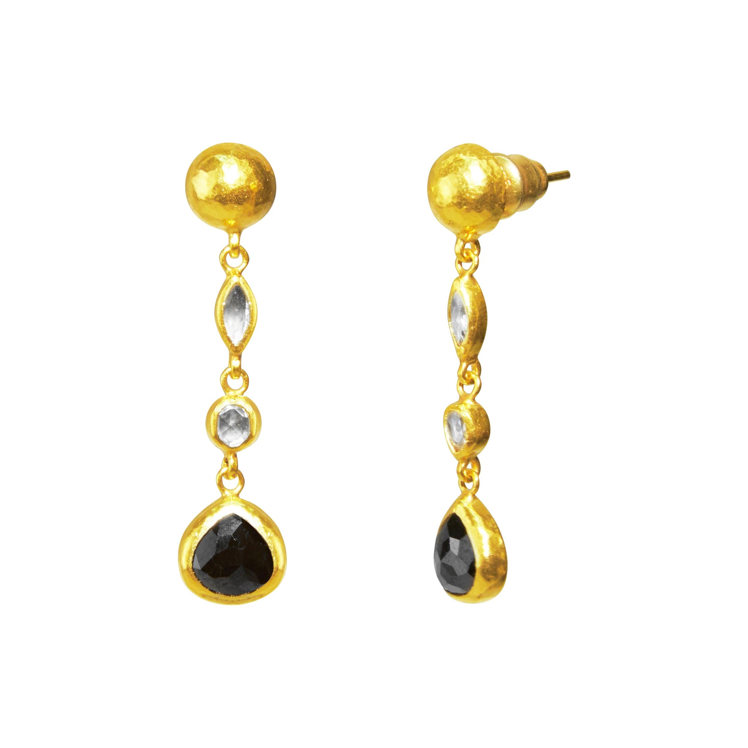 GURHAN 24 Karat Hammered Yellow Gold Black/White Rosecut Diamond Drop Earrings For Sale