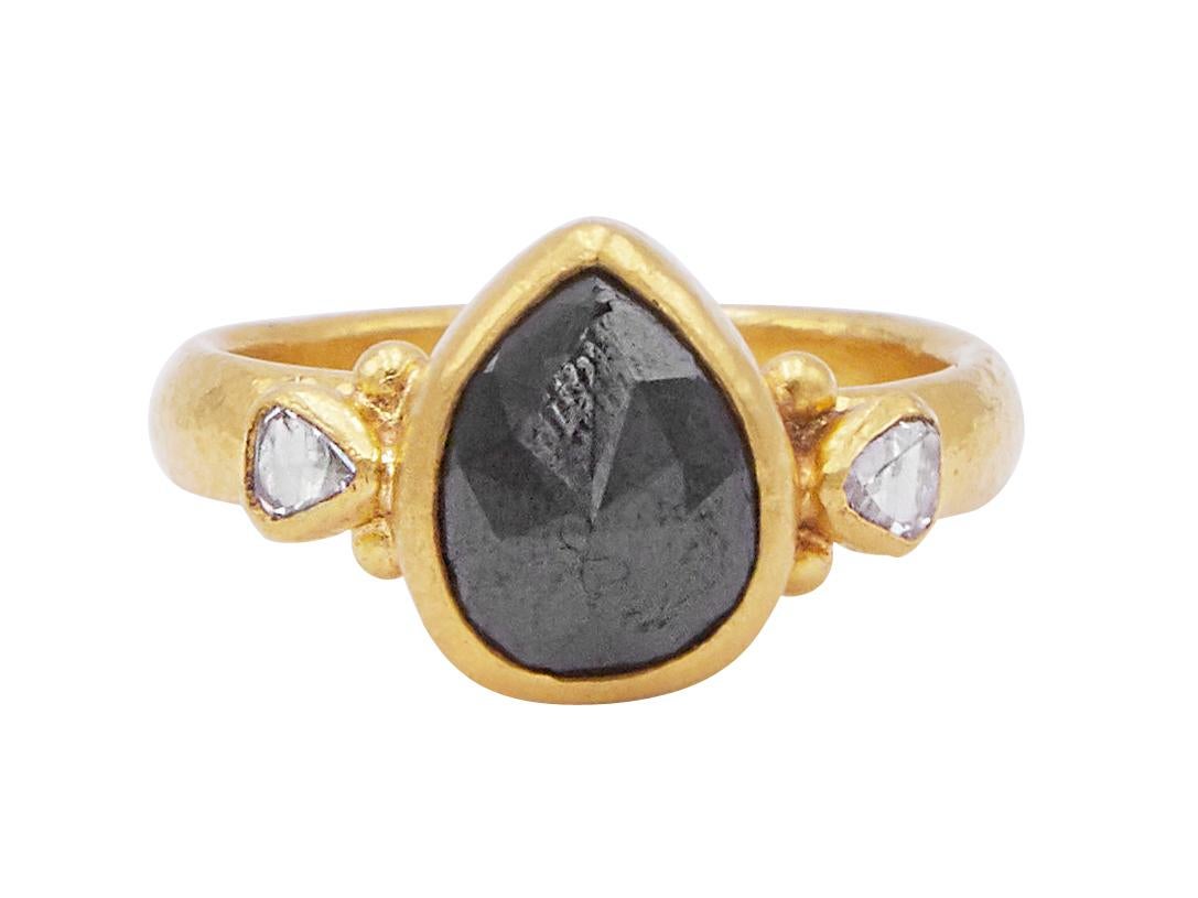 GURHAN one-of-a-kind hammered yellow gold diamond ring featuring a 11x9mm pear shape rosecut Black Diamond, 3.52cts., and (2) 5x3mm rosecut White Diamonds, 0.20 cts., with gold granulation accents. Size 6.