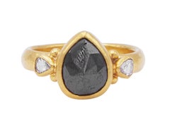 GURHAN 24 Karat Hammered Yellow Gold Pear Rosecut Black and White Diamond Ring