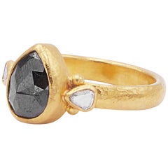 GURHAN 24 Karat Hammered Yellow Gold Pear Rosecut Black and White Diamond Ring