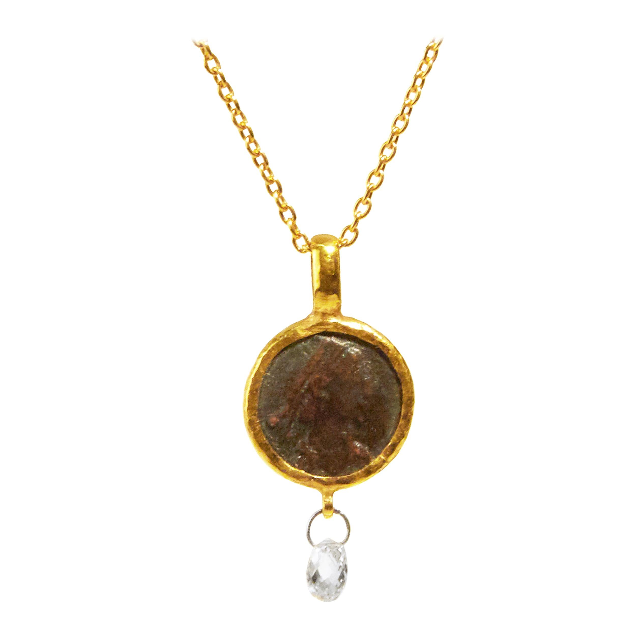 GURHAN 24 Karat Hammered Yellow Gold Roman Coin Diamond Brio Pendant Necklace For Sale